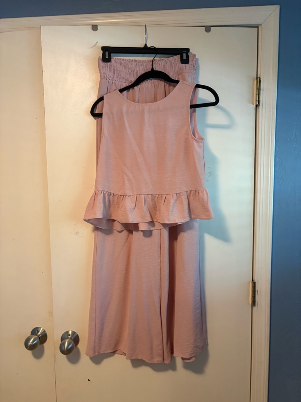 Soft Blush Peplum Top and Wide Leg Pants Set